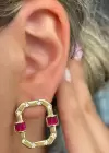 Altın Renk Pembe Taş Detaylı Küpe (Çift)