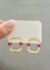 Altın Renk Pembe Taş Detaylı Küpe (Çift)