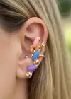 Altın Renk Renkli Taş Detaylı 14K Altın Kaplama TX Ear Cuff (Tek)