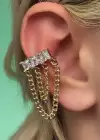 Altın Renk Taş Detaylı Sallantılı Ear Cuff (Tek)