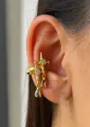 Altın Renk Yıldız Figürlü Taş Detaylı 14K Altın Kaplama TX Ear Cuff (Tek)