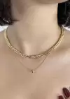 Altın Renk Zincir Detaylı İkili Kolye