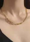 Altın Renk Zincir Detaylı Unisex Çelik Kolye