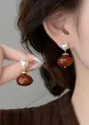 Altın Ve Kahve Renk İnci Detaylı Taşlı Küpe (Çift)