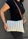 Bej Ve Beyaz Renk Çizgili Hasır Kadın Çanta