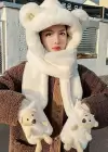 Beyaz Renk Ayıcık Figürlü Rüzgar Geçirmez Peluş Bere Atkı Eldiven