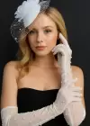 Beyaz Renk İnci Ve Tül Detaylı Şık Uzun Gelin Eldiveni Nikah/Düğün/Parti/Kostüm Eldiveni