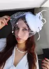 Beyaz Renk Tüy Detaylı Nikah Şapkası/Vualet Şapka