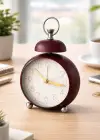 Bordo Renk Mini Dekoratif Işıklı Alarmlı Yuvarlak Masa Saati