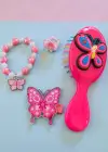 Fuşya Renk Kelebek Figürlü Tarak /Bileklik /Yüzük Ve Toka Set