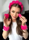 Fuşya Renk Spa Taç/ Makyaj Süngeri/ Pudra Süngeri/ Su Emici Havlu Bileklik Set