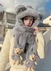 Gri Renk Ayıcık Figürlü Rüzgar Geçirmez Peluş Bere Atkı Eldiven