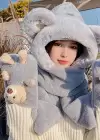 Gri Renk Ayıcık Figürlü Rüzgar Geçirmez Peluş Bere Atkı Eldiven