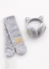 Gri Renk Kalp Detaylı Peluş Atkı Ve Kulaklık Set