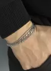 Gümüş Renk 3lü Zincir Detaylı Çelik Erkek Bileklik