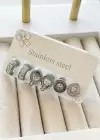 Gümüş Renk 6lı Taş Detaylı Çelik Küpe Set