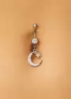 Gümüş Renk Ay Ve Yıldız Figürlü Taş Detaylı Cerrahi Çelik Göbek Piercing