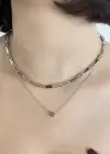 Gümüş Renk Çiçek Figürlü İkili Kolye