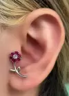 Gümüş Renk Çiçek Figürlü Taş Detaylı Çelik Tragus/Kıkırdak Küpe/Piercing (Tek)