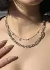 Gümüş Renk İkili Zincir Detaylı Kolye