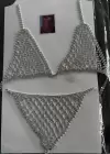Gümüş Renk Kadın Taşlı Sütyen ve Tanga Takım Kostüm/ İç Giyim/ Vücut Aksesuarı Set