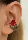 Gümüş Renk Kalp Figürlü Kırmızı Taş Detaylı 14K Altın Kaplama Ear Cuff (Tek)