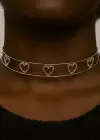 Gümüş Renk Kalp Figürlü Taş Detaylı Choker Kolye