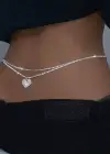 Gümüş Renk Kalp Figürlü Taş Detaylı Tasarım Bel Zinciri/Vücut Aksesuar