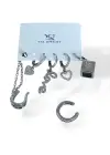 Gümüş Renk Karışık Figürlü Taş Detaylı 6lı YSX Küpe Set