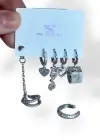 Gümüş Renk Karışık Figürlü Taş Detaylı 6lı YSX Küpe Set