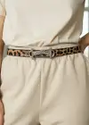 Gümüş Renk Leopar Desenli Kadın Deri Kemer