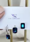 Gümüş Renk Mavi Taş Detaylı VİP 3lü YSX Küpe Set