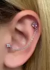 Gümüş Renk Pembe Taş Detaylı Cerrahi Çelik Tragus/Kıkırdak Küpe/Piercing (Tek)