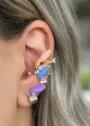 Gümüş Renk Renkli Taş Detaylı 14K Altın Kaplama TX Ear Cuff (Tek)