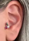 Gümüş Renk Renkli Taş Detaylı Çelik Tragus/Kıkırdak Küpe/Piercing (Tek)