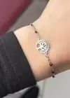 Gümüş Renk Siyah Boncuk Detaylı Hayat Ağacı Figürlü Çelik Bileklik