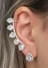 Gümüş Renk Taş Detaylı 14K Altın Kaplama TX Ear Cuff Ve Küpe Set (Tek)