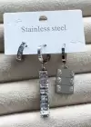 Gümüş Renk Taş Detaylı 3lü Çelik Küpe Set