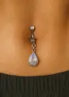 Gümüş Renk Taş Detaylı Delik Gerektirmeyen Cerrahi Çelik Göbek Piercing