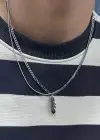 Gümüş Renk Tüy Figürlü Erkek İkili Zincir Çelik Kolye