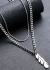 Gümüş Renk Tüy Figürlü Erkek İkili Zincir Çelik Kolye