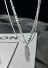 Gümüş Renk Tüy Figürlü Erkek İkili Zincir Çelik Kolye