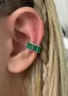 Gümüş Renk Yeşil Taşlı Çelik Ear Cuff Küpe (Tek)