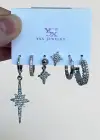 Gümüş Renk Yıldız Figürlü Taş Detaylı 6lı YSX Küpe Set