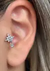 Gümüş Renk Yıldız Figürlü Taş Detaylı Çelik Tragus/Kıkırdak Küpe/Piercing (Tek)