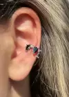 Gümüş Ve Siyah Renk Taş Detaylı Çelik Ear Cuff (Çift)