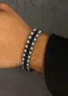 Gümüş Ve Siyah Renk Zincir Detaylı Çelik Erkek Bileklik