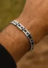 Gümüş Ve Siyah Renk Zincir Detaylı Çelik Erkek Bileklik