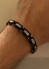 Gümüş Ve Siyah Renk Zincir Detaylı Çelik Erkek Bileklik