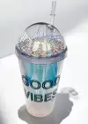 Hologramlı Good Vıbes Yazılı Pipetli Suluk
